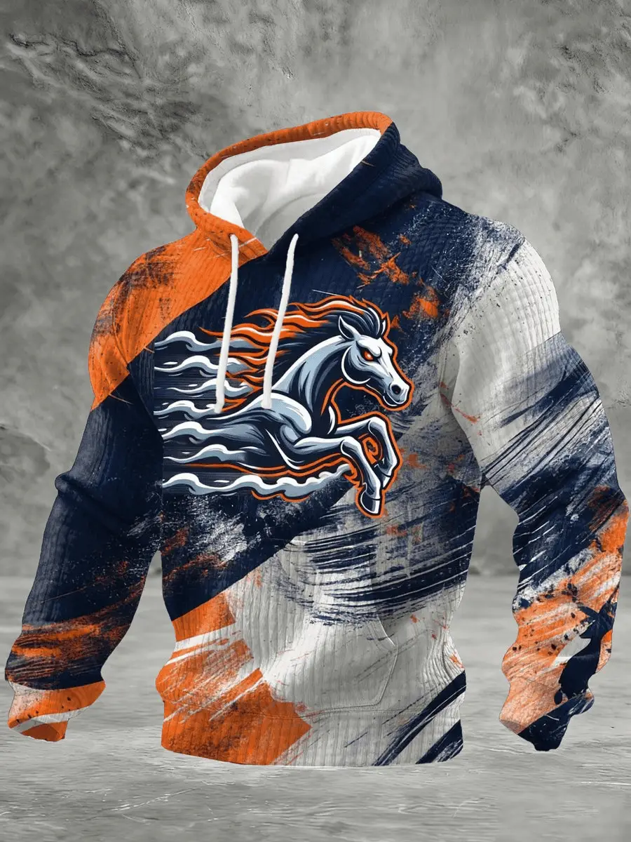 Denver Football Print Waffle Hoodie Horse Graphic Design Gift for Denver Fans