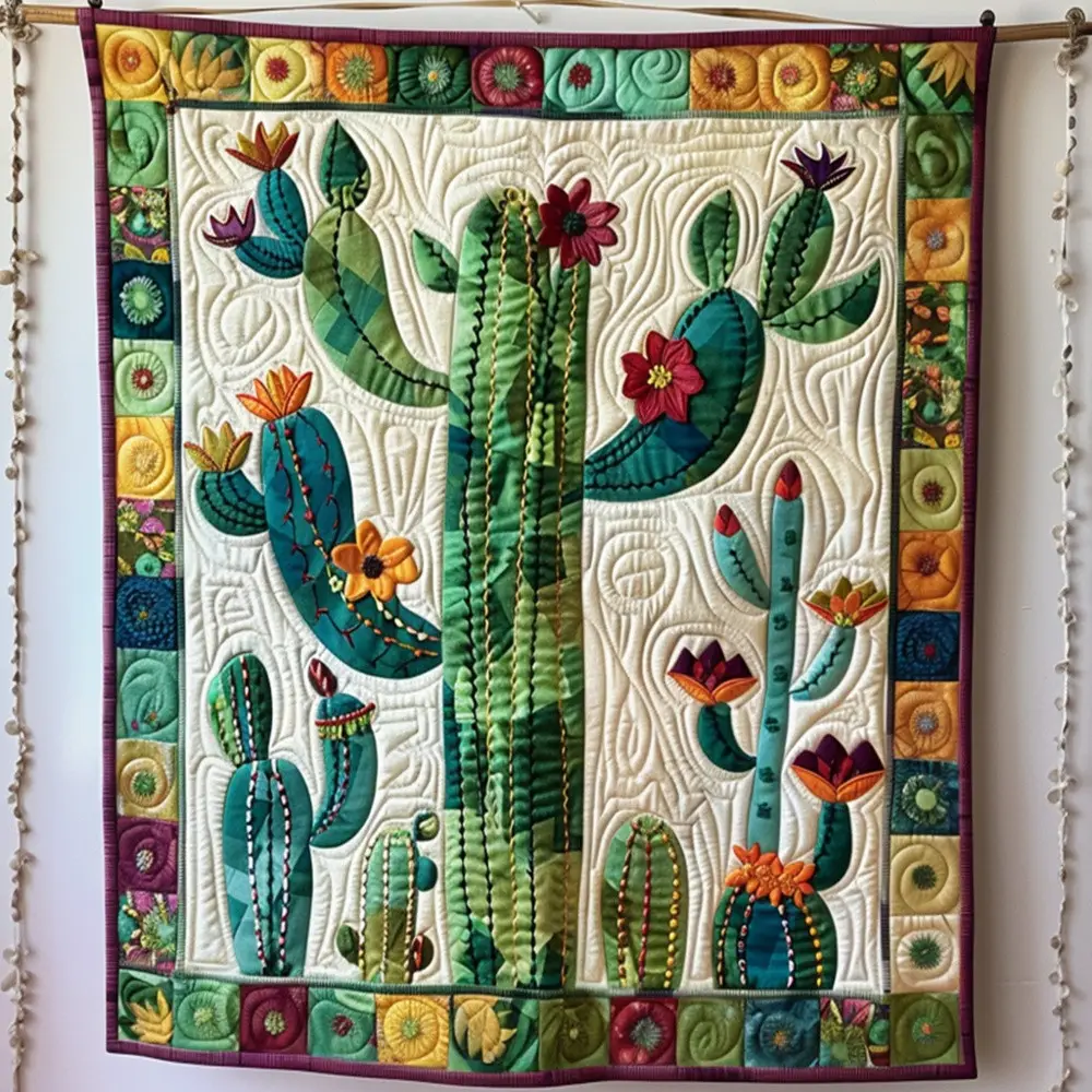 Desert Cactus Blossom Quilted Blanket Southwestern Floral Art Throw Best Gift For Cactus Lover Decor