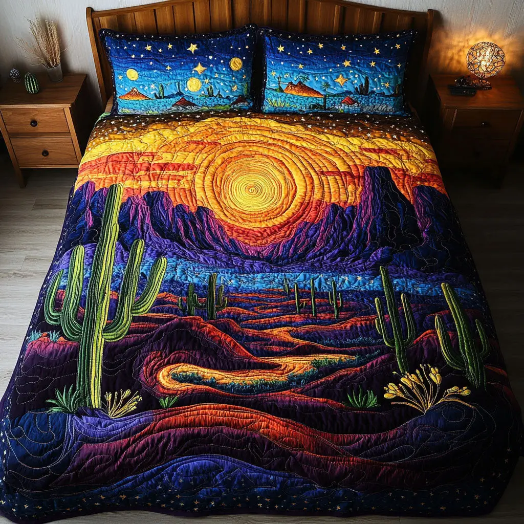 Desert Mirage Quilted Bedding Set Cool Bedroom Decor Cactus Gifts For Her