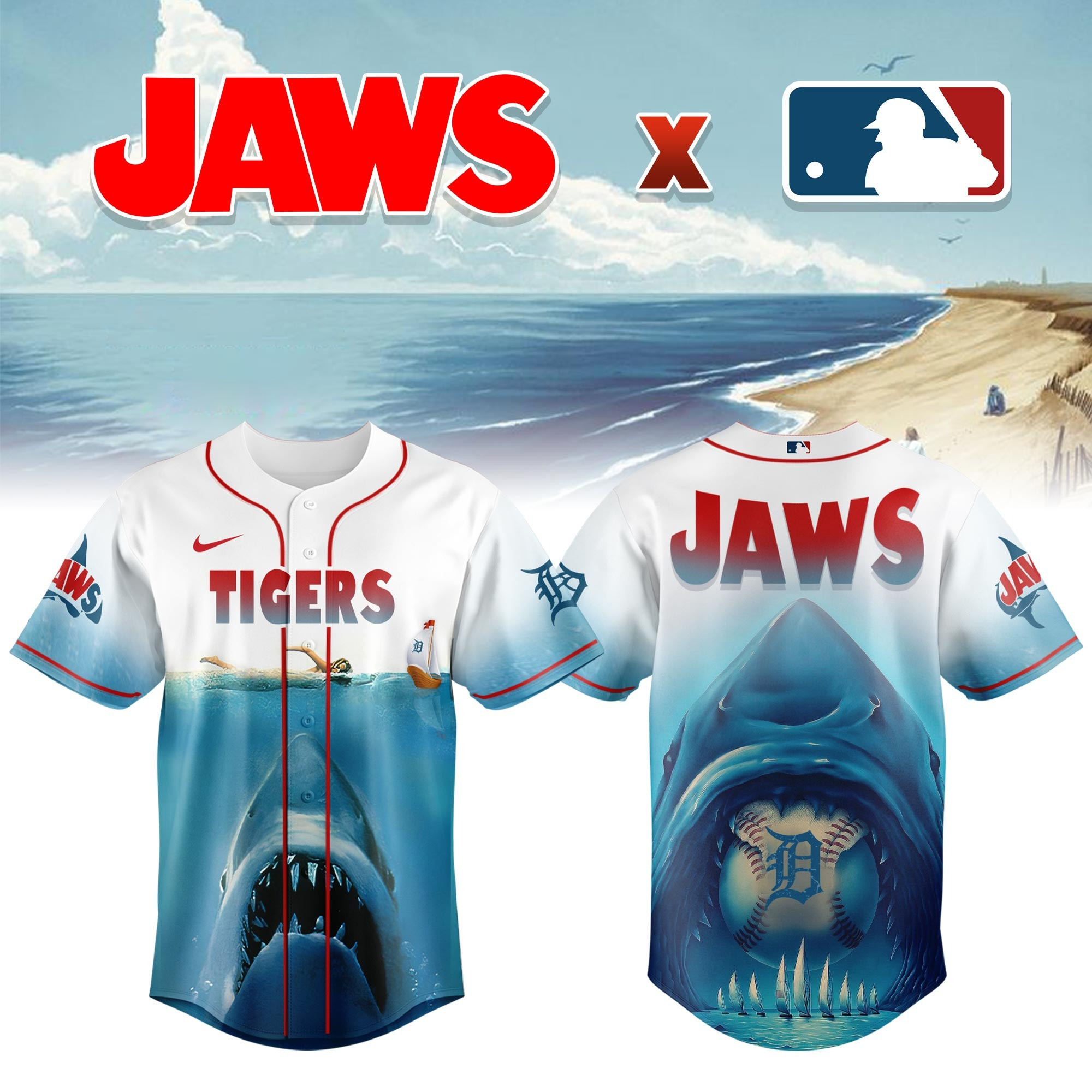Detroit Tigers x JAWS Jersey MLB Merch Baseball Lovers Themed Gifts For Jaws Fans For Him Detroit Tigers x JAWS Jersey MLB Merch Baseball Lovers Themed Gifts For Jaws Fans For Him - Image 1