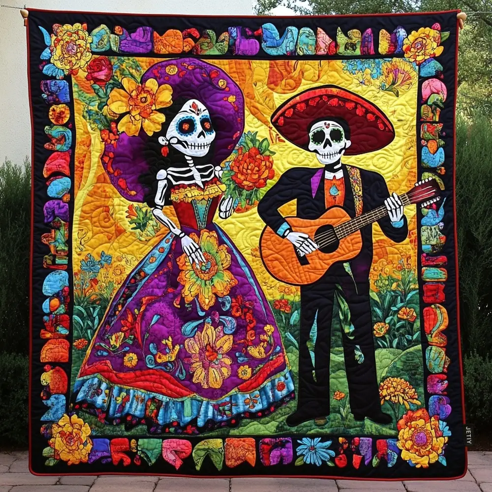 Dia De Los Muertos Quilted Blanket Sugar Skull Skeleton Couple Music Art Throw Gift For All Friends