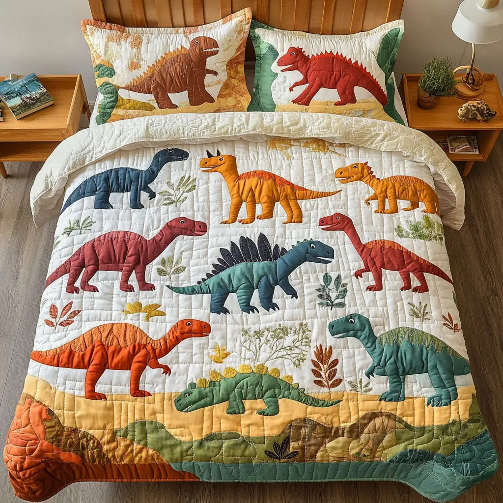 Dino Safari Quilted Bedding Set Queen Size Quilt Dinosaur Themed Gift For Dad