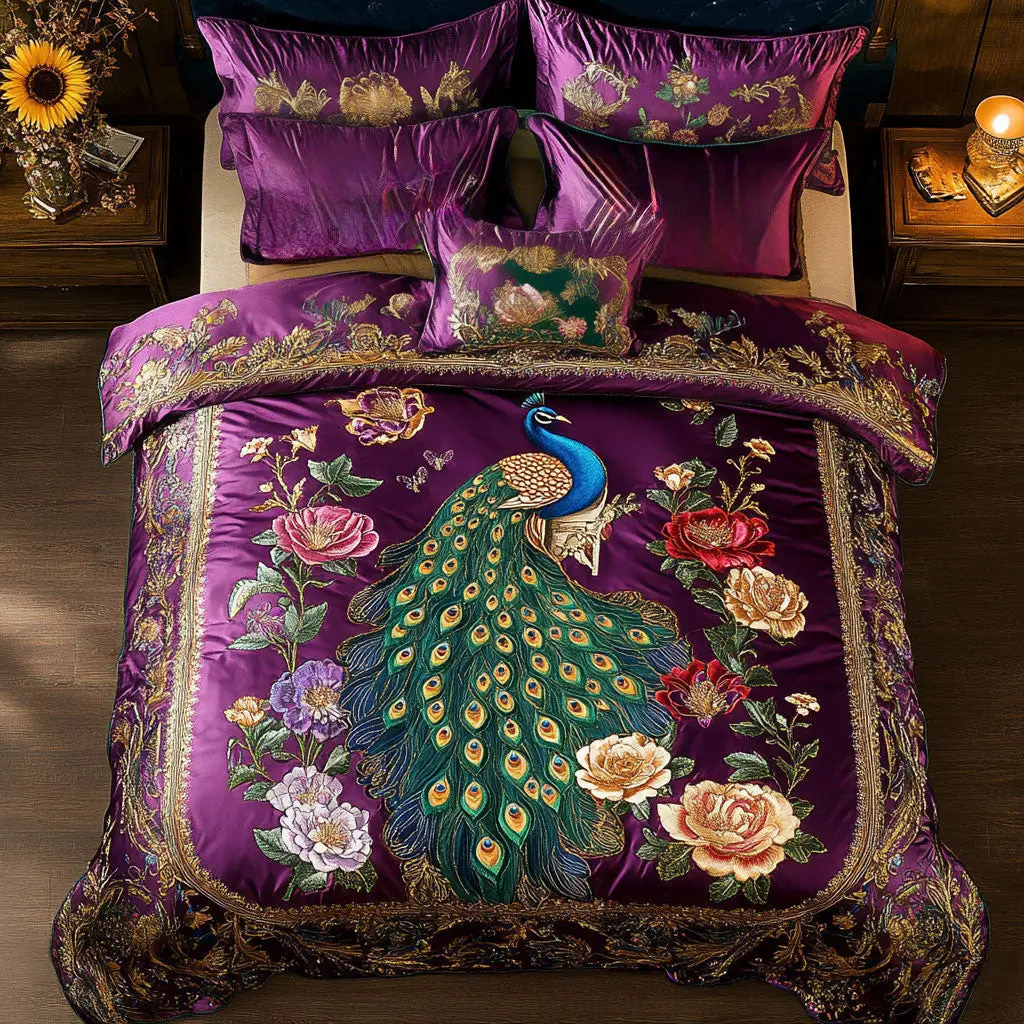 Divine Peacock Quilted Bedding Set Duvet Cover Bedspread Gifts Bedroom Decorative