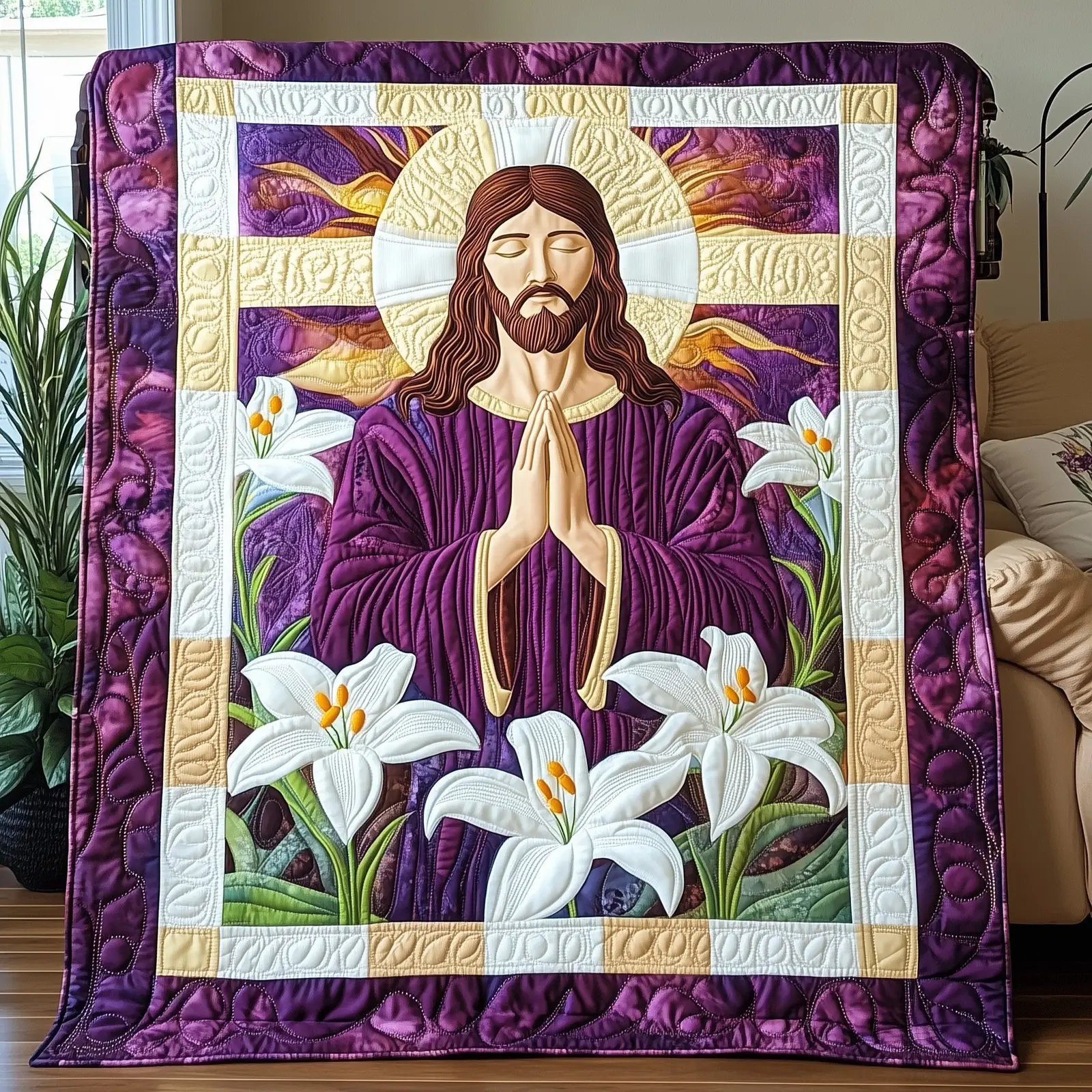 Divine Prayer Quilted Blanket Purple Jesus In Prayer With White Lilies Gifts For Christmas