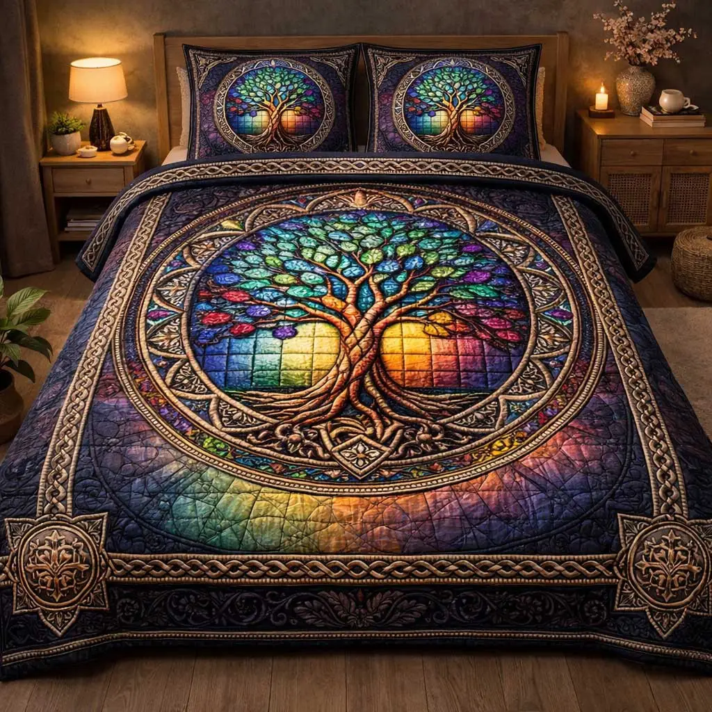 Divine Roots Quilted Bedding Set Spiritual Nature Bedroom Decor Gift For Nature Lovers
