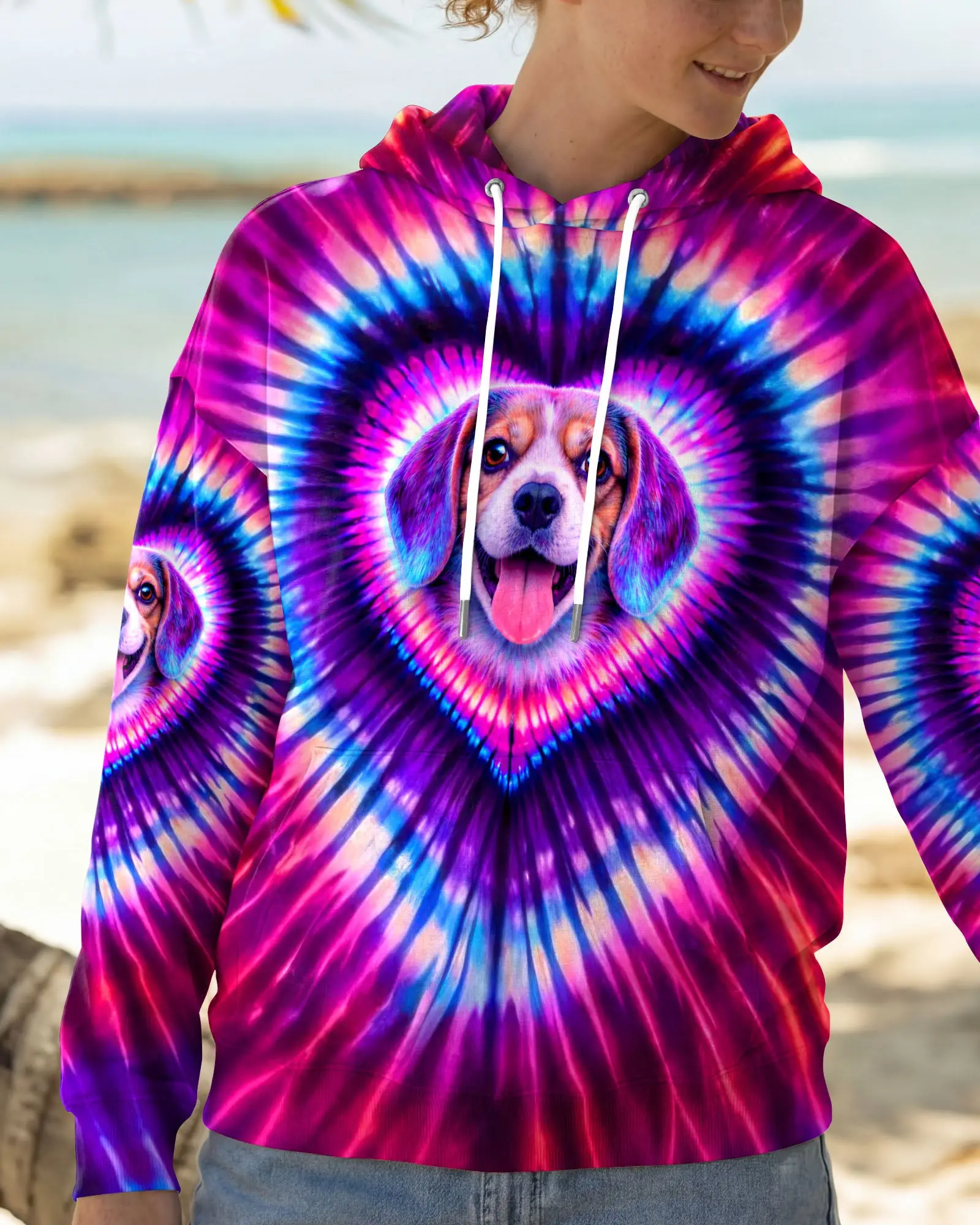 Dog Beagle Heart Swirl Tie Dye Hoodie Unique Vibrant Colorful Pullover Gift For Women