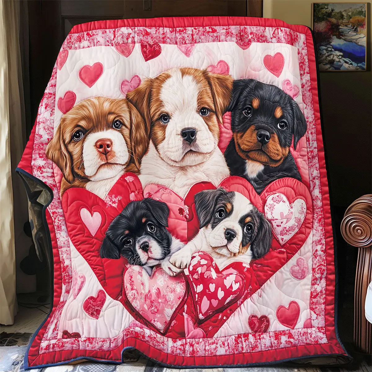 Dogs Valentine Quilt Blanket Heart Pattern Throw Blanket Cute Presents For Dog Lovers