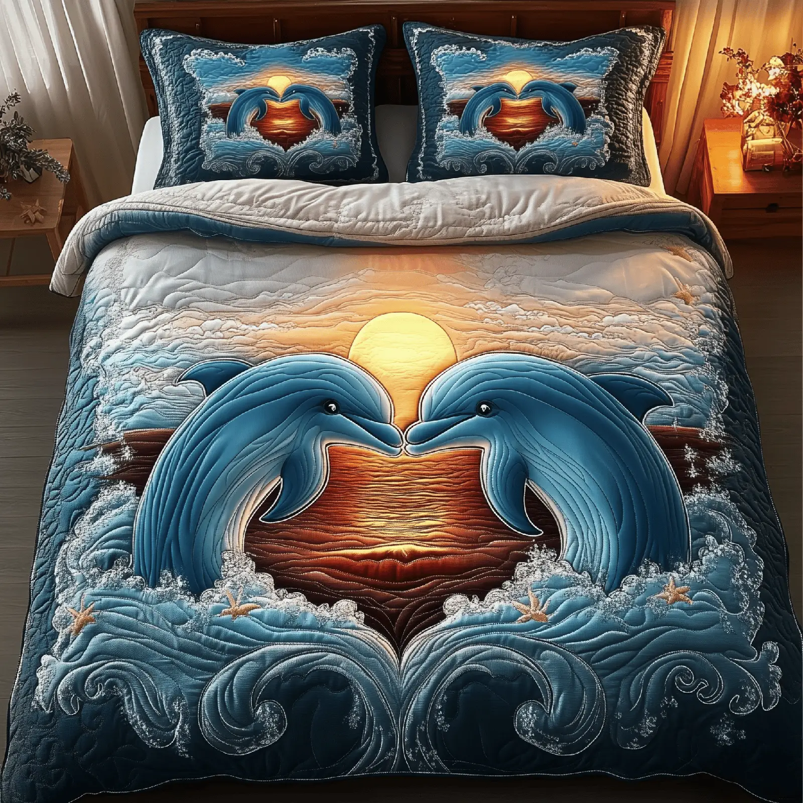 Dolphin Couple Quilted Bedding Set Luxury Home Decor Valentines Gift For Husband