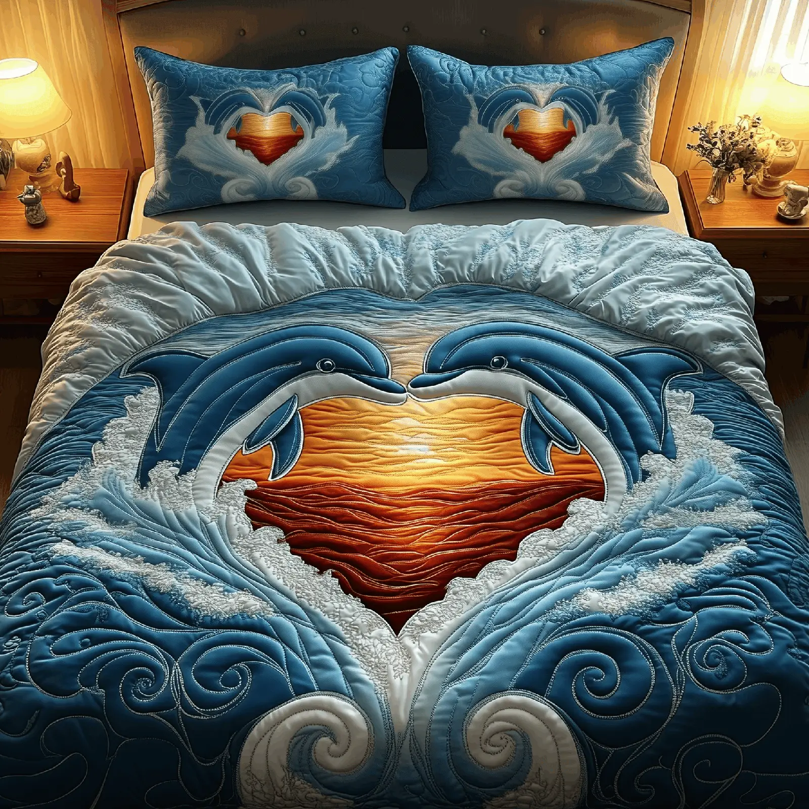 Dolphin Couple Quilted Bedding Set Room Decor Items Valentines Gift For Husband