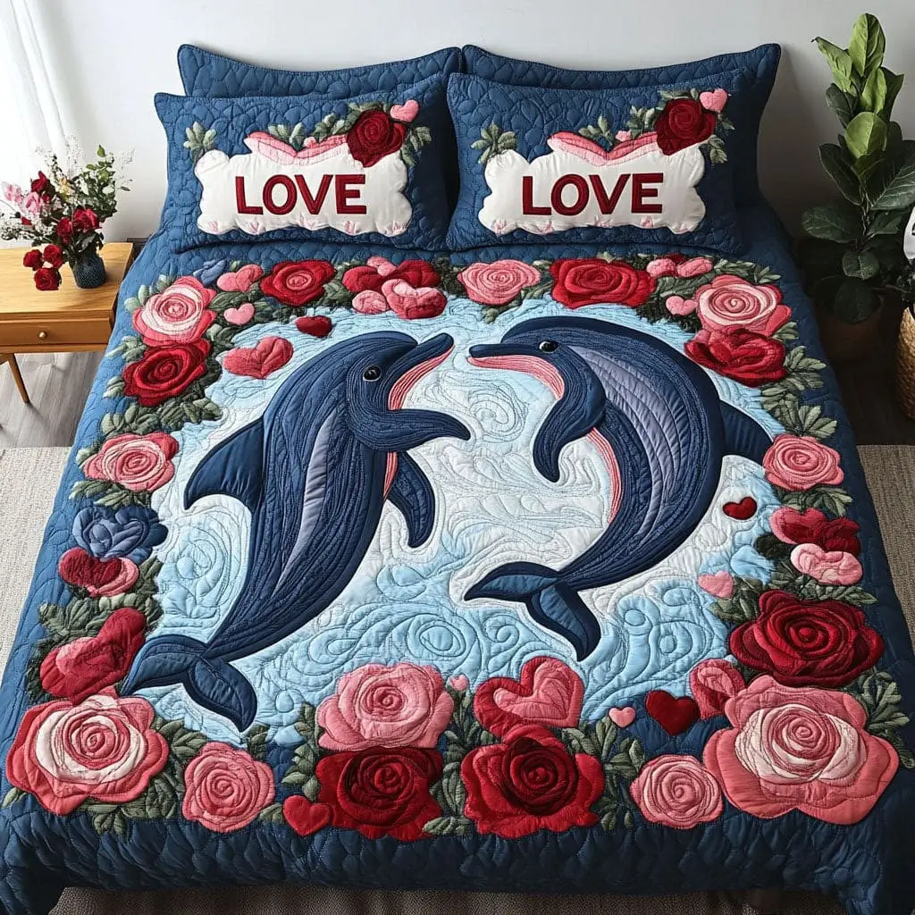 Dolphin Eternal Waves Quilted Bedding Set Good Family Valentine Day Presents