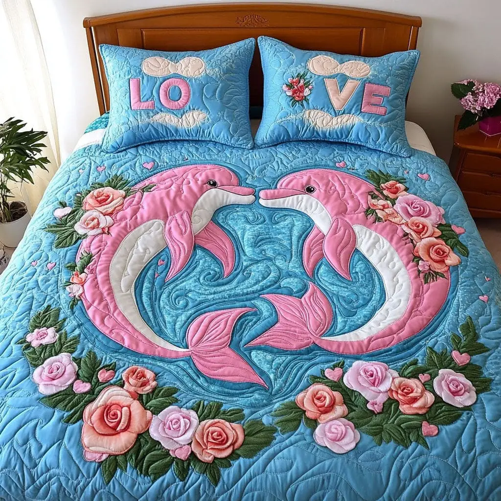 Dolphin Ocean Love Duo Quilted Bedding Set Best Family Presents For Valentine Day