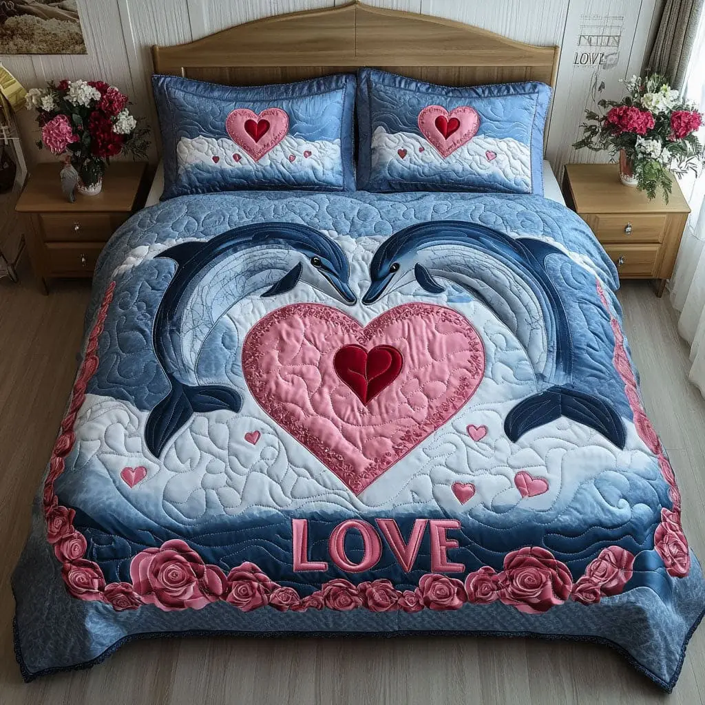 Dolphin Quilted Bedding Set Marine Bliss Duvet Cover Valentine Day Presents For Your Mom