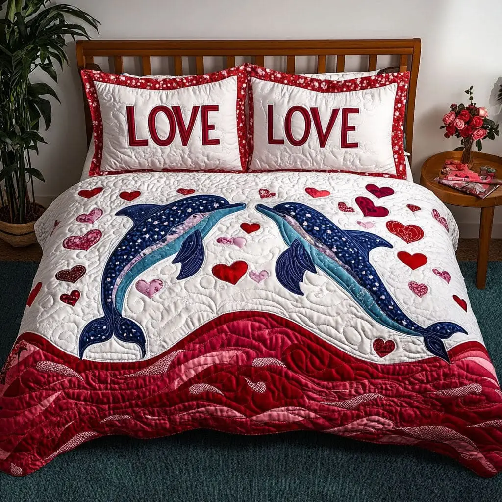 Dolphin Quilted Bedding Set Wave Of Love Bedspread Set Valentine Gifts For Her