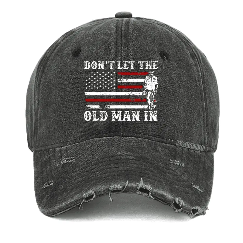Don't Let The Old Man In USA Flag Washed Vintage Cap Funny Graphic Tee for Men – Sarcastic Sayi