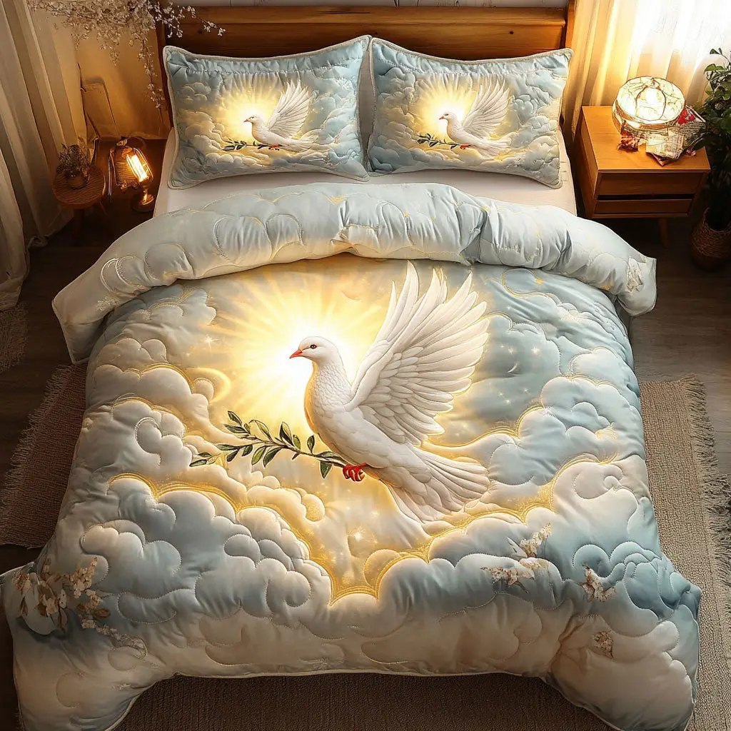 Dove Heaven Quilted Bedding Set Duvet Cover Bedspread Bedroom Decor For Parents Dove Heaven Quilted Bedding Set Duvet Cover Bedspread Bedroom Decor For Parents - Image 1