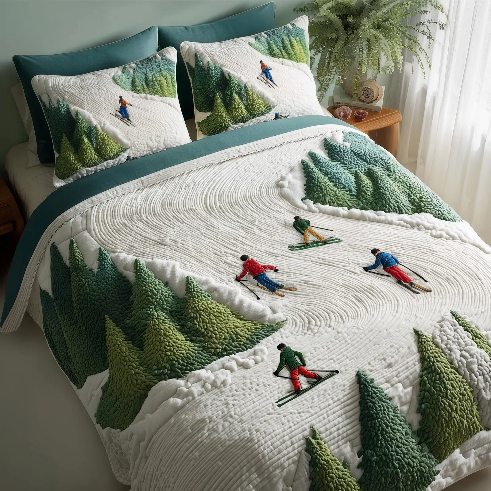 Downhill Skiing Quilted Bedding Set Bedspread Winter Holiday Christmas Gifts For Ski Lovers