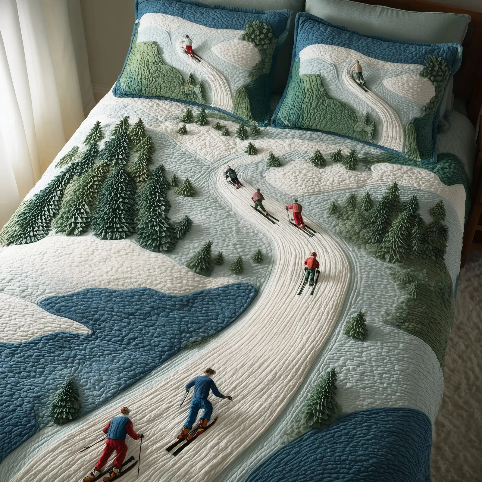Downhill Skiing Quilted Bedding Set Bedspread Winter Holiday Christmas Presents For Skiers