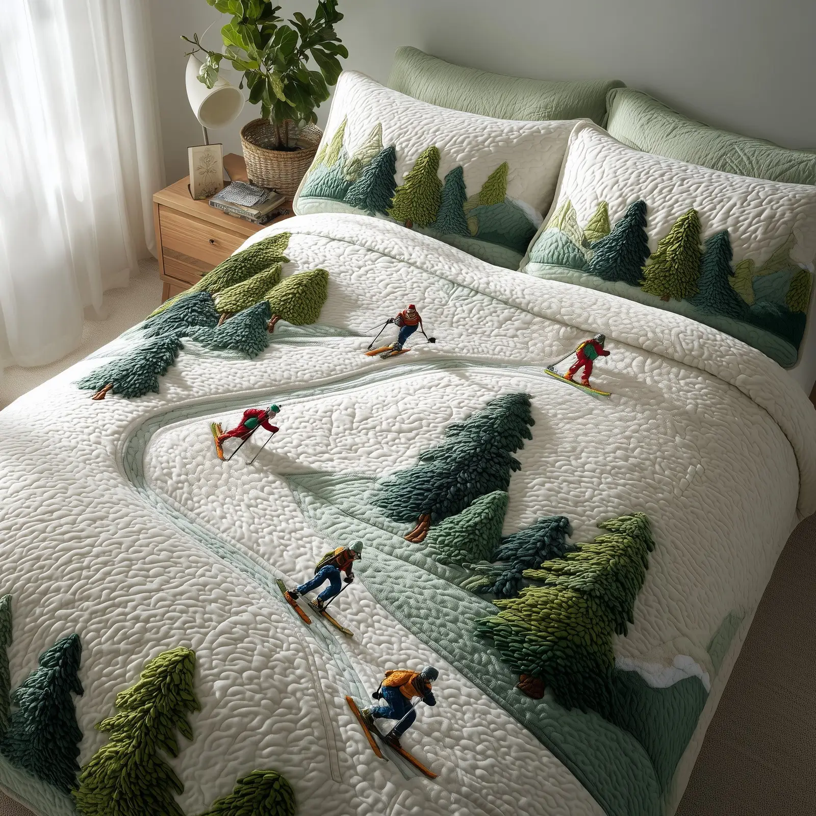 Downhill Skiing Quilted Bedding Set Duvet Cover Winter Holiday Good Gifts For Skiers