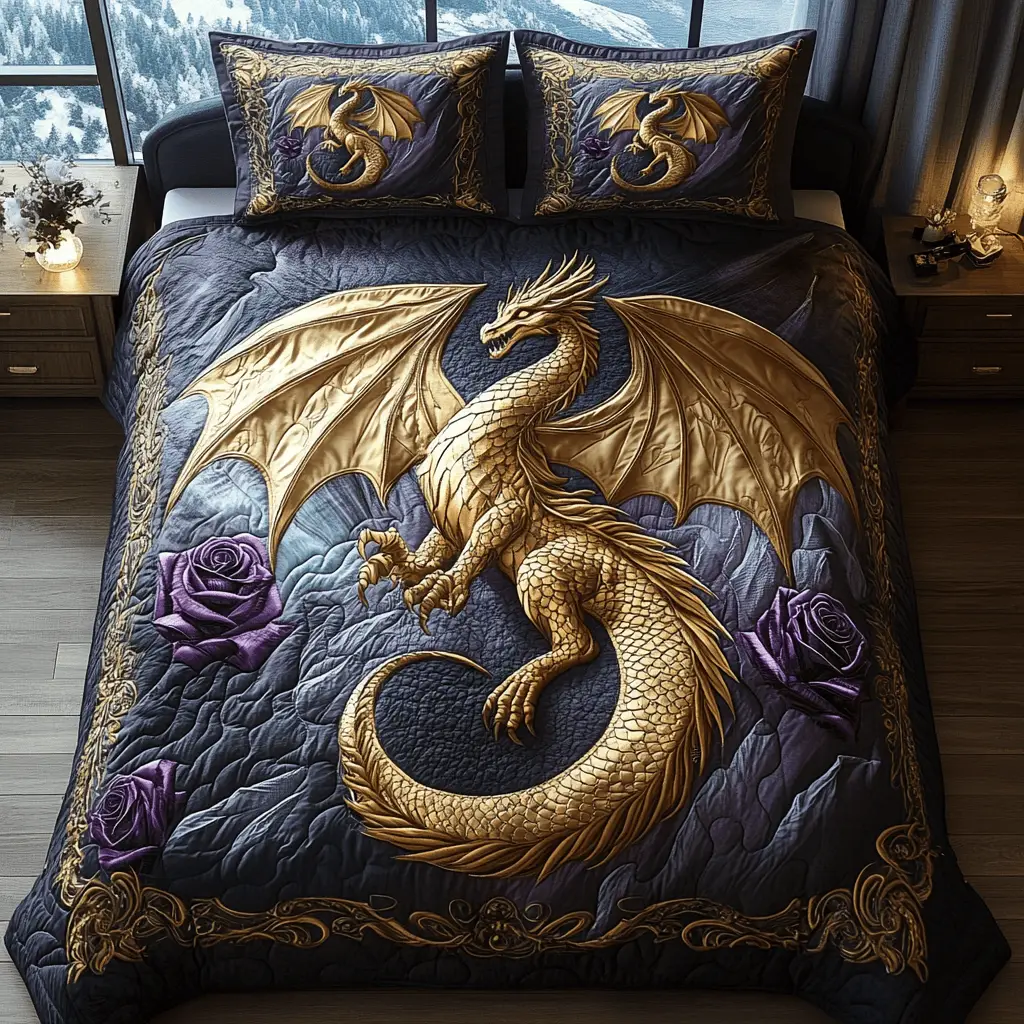 Draconic Majesty Quilted Bedding Set Bed Decor Dragon Gift Ideas Draconic Majesty Quilted Bedding Set Bed Decor Dragon Gift Ideas - Image 1