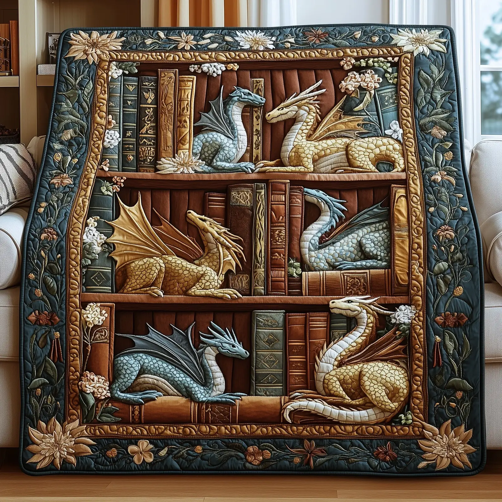 Dragon and Books Quilted Blanket Mythical Creature Library Gift For Dragon And Book Lover