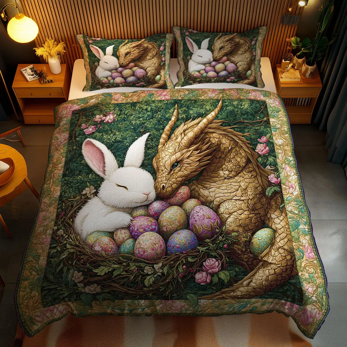 Dragon And Rabbit Harmony Quilted Bedding Set Autumn Inspired Bedroom Rabbit Themed Gifts