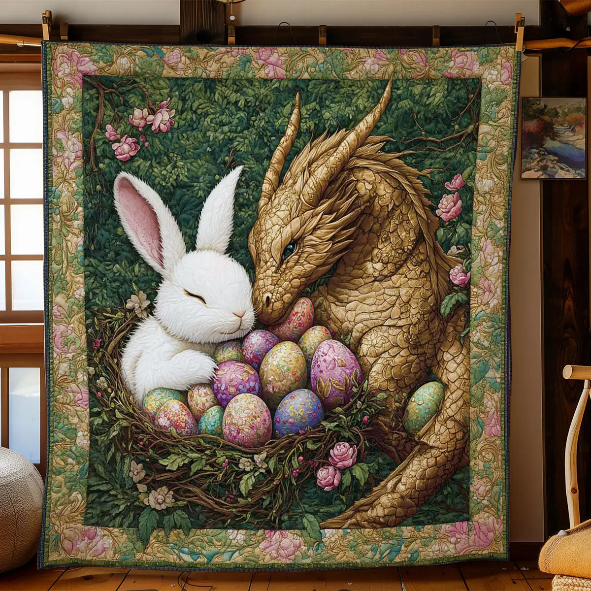 Dragon And Rabbit Harmony Quilted Blanket Holiday Room Decor Best Gifts For Rabbit Lovers