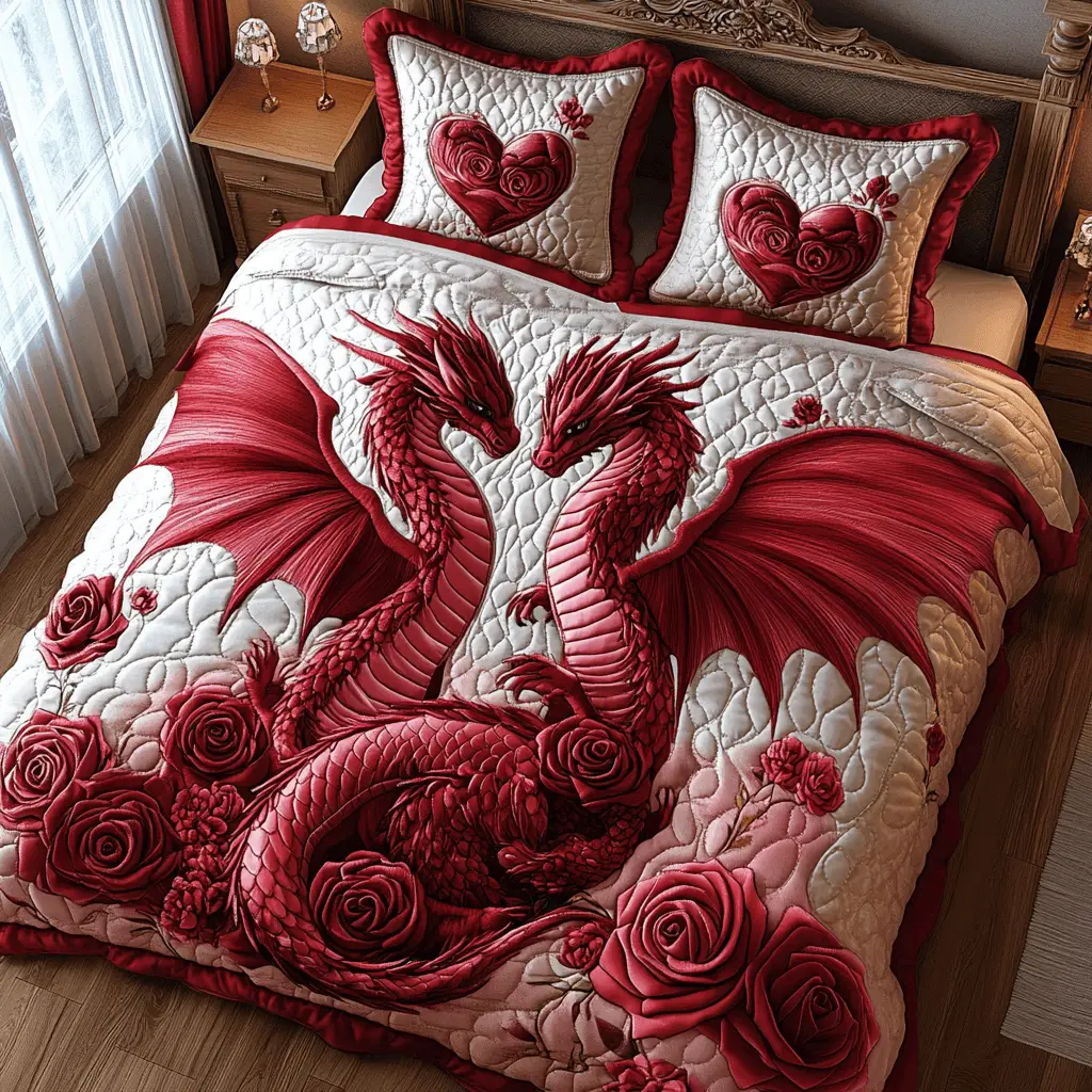 Dragon Couple Quilted Bedding Set Red Valentine Day Gift Ideas For Dragon Lovers