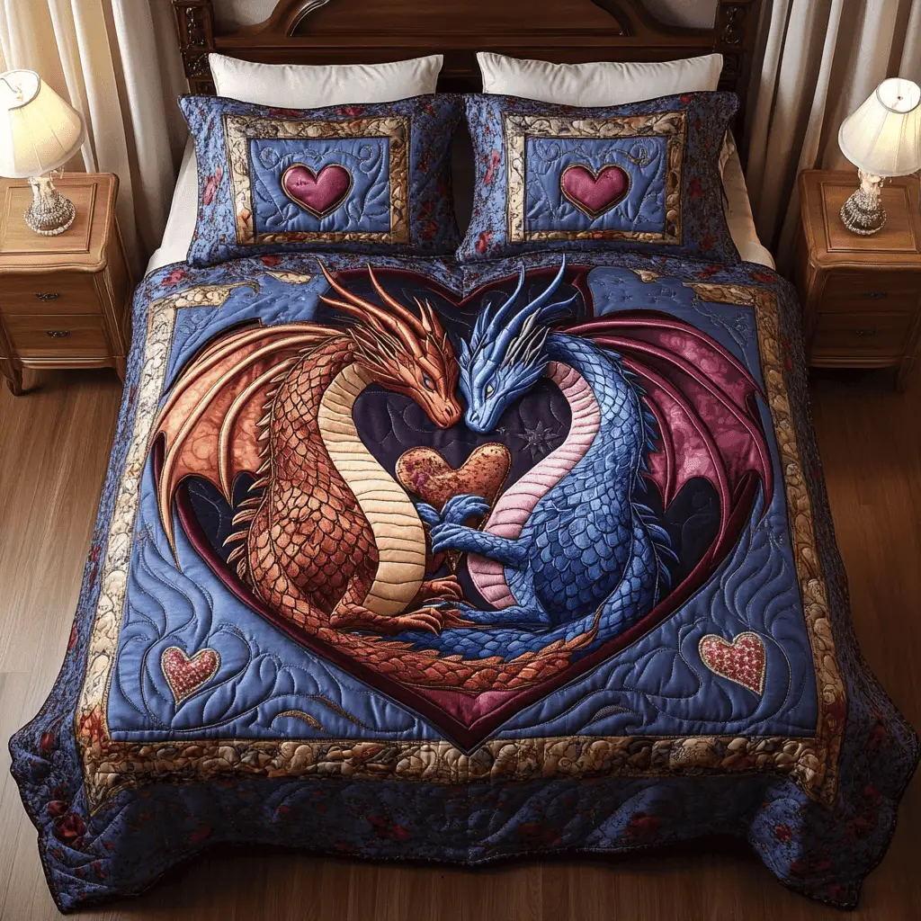 Dragon Flame Of Love Quilted Bedding Set Dragon Bedspread Set Valentine Presents For Men