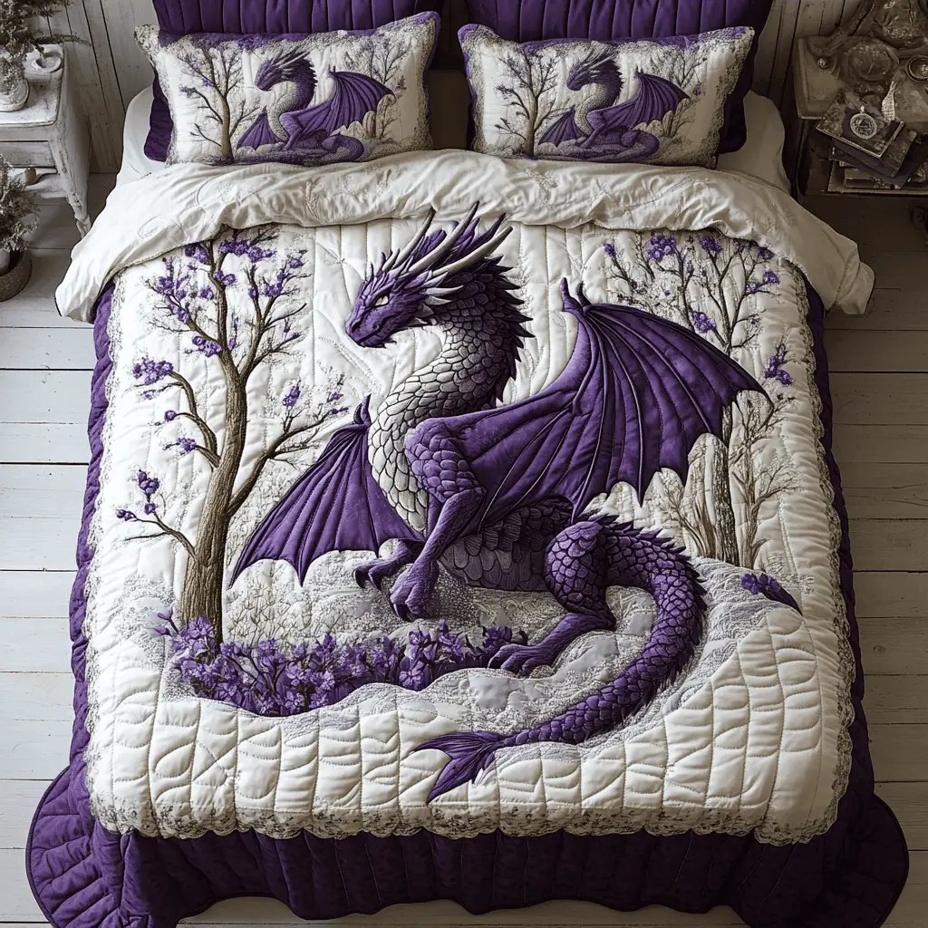 Dragon Forest Quilted Bedding Set Purple Duvet Covers Great Mother's Day Gifts For Mom