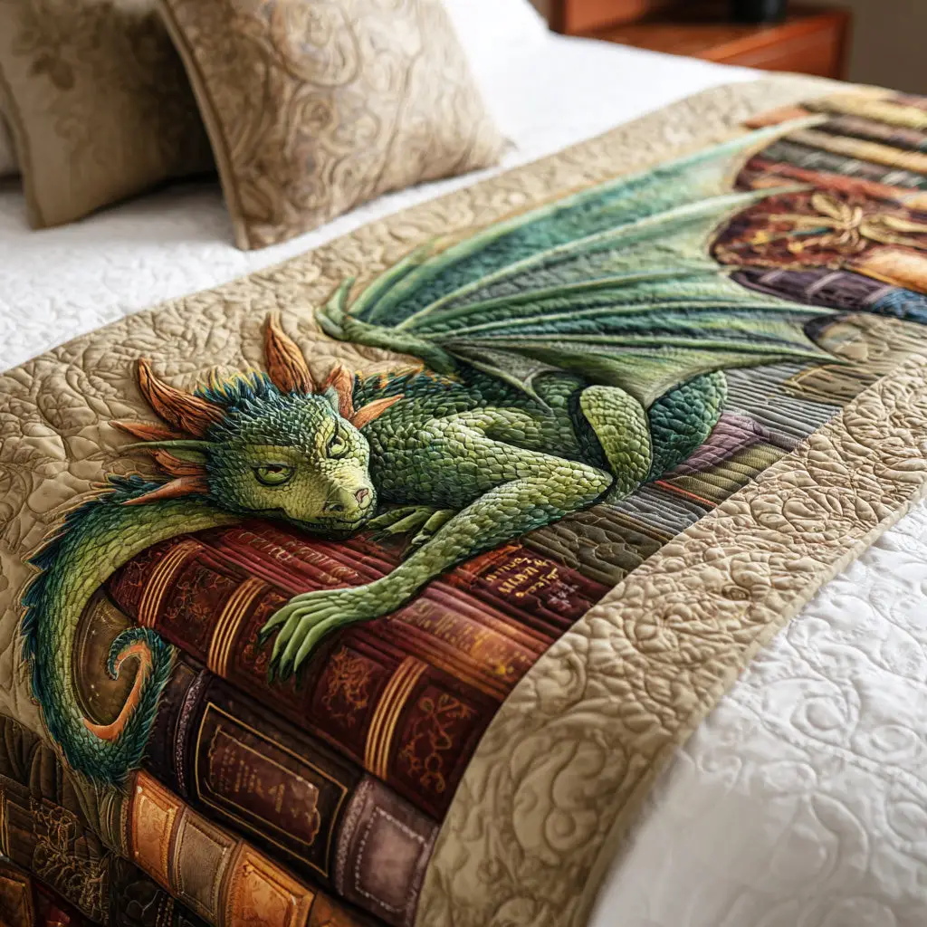 Dragon Library Night Quilted Bed Runner Dragon Library Night Gift for Fantasy Readers
