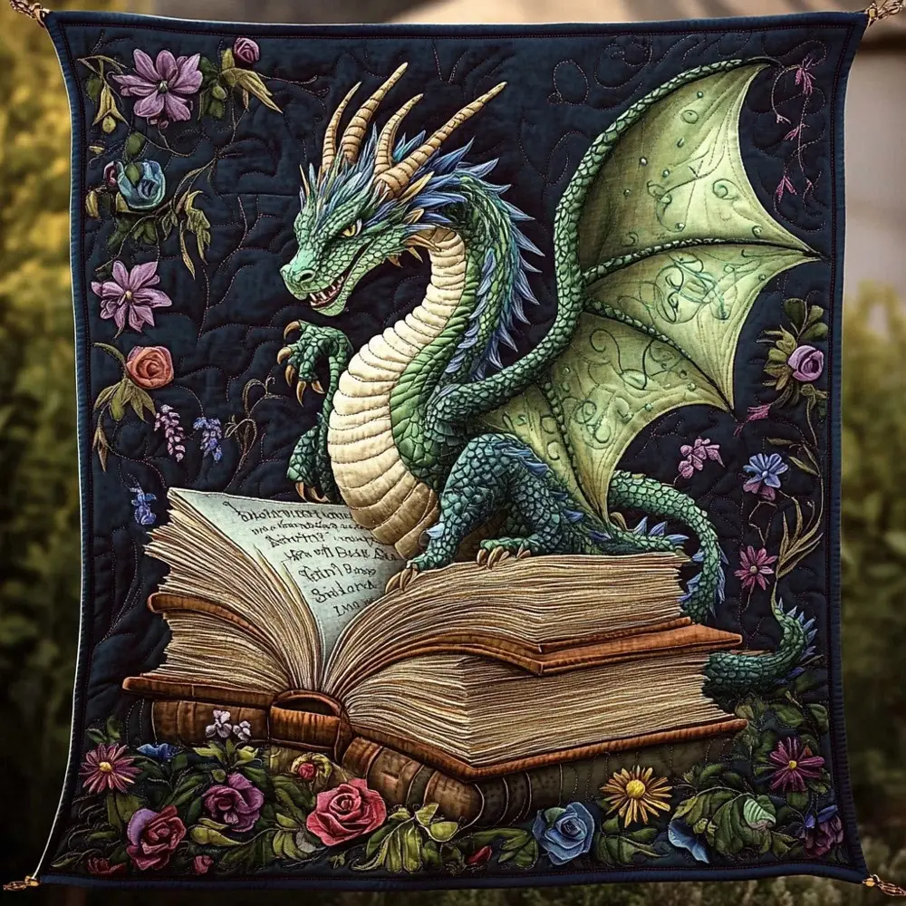 Dragon Lore Ancient Books Quilted Blanket Fantasy Green Dragon Reading Throw Best Gift For Book Lovers Dragon Lore Ancient Books Quilted Blanket Fantasy Green Dragon Reading Throw Best Gift For Book Lovers - Image 1
