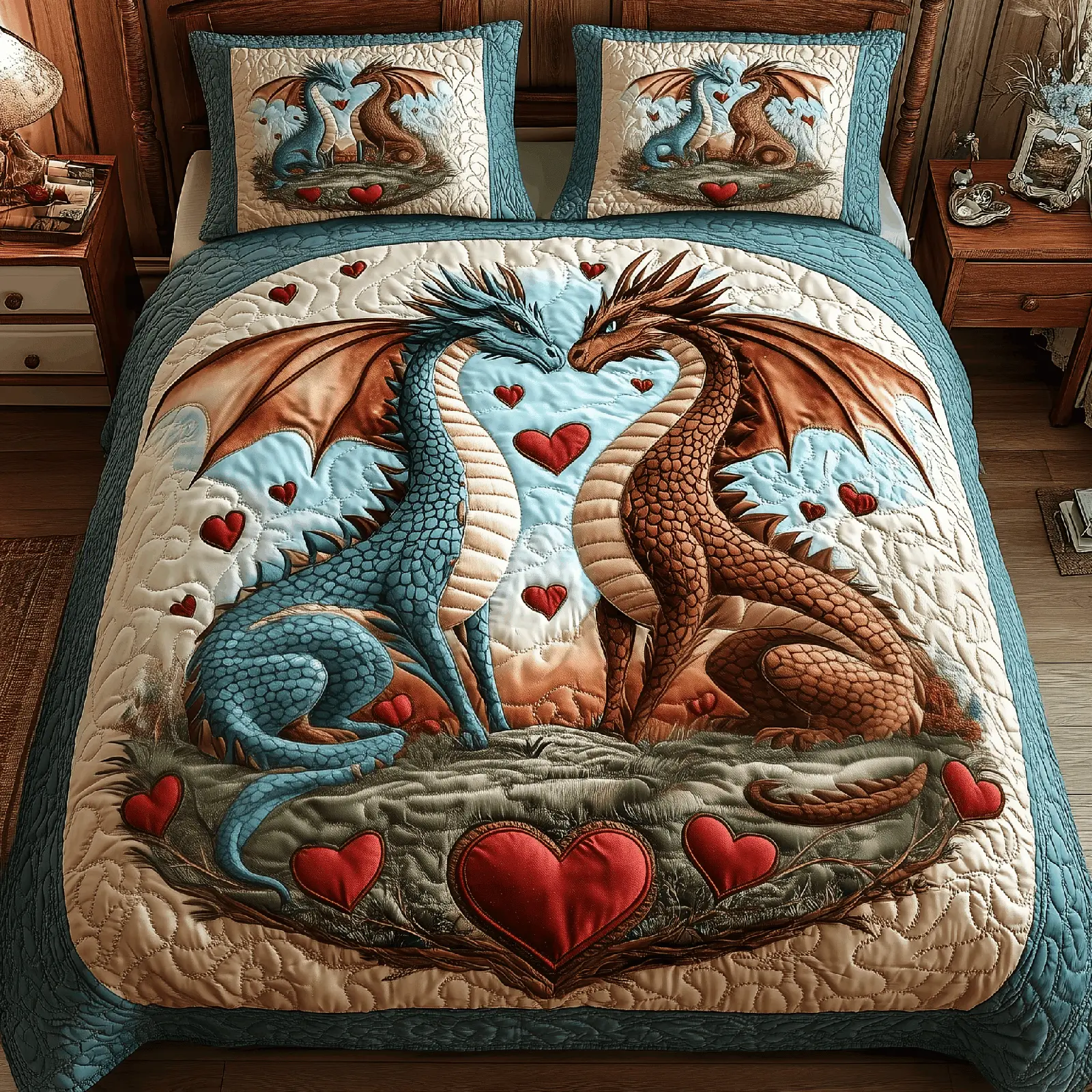 Dragon Love Affair Quilted Bedding Set Bedroom Decor Valentines Gifts For Her