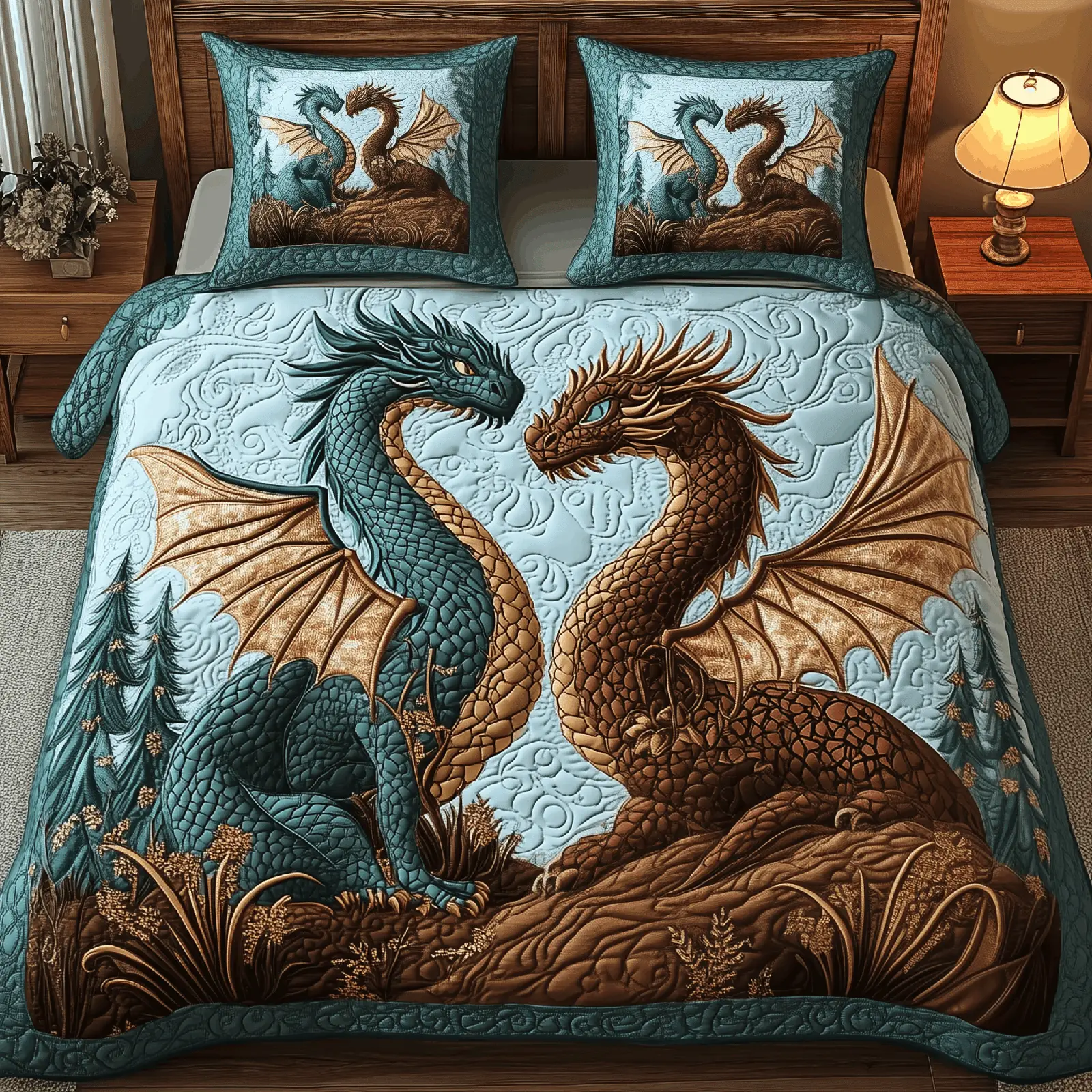 Dragon Love Affair Quilted Bedding Set Room Decor Items Valentines Gifts For Him