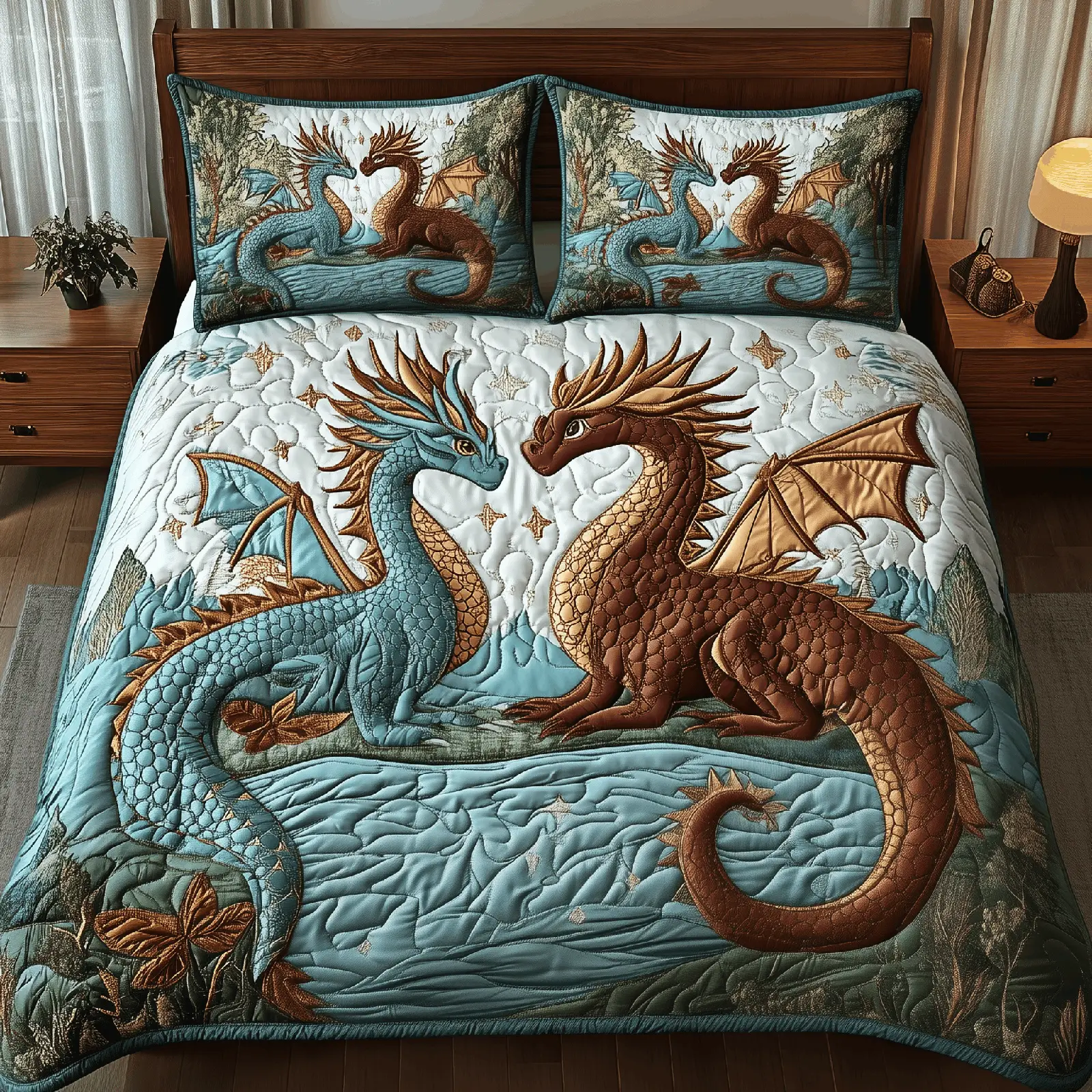 Dragon Love Affair Quilted Bedding Set Room Decor Items Valentines Gifts For Men