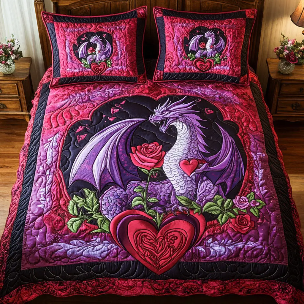 Dragon Quilted Bedding Set Roaring Hearts Bedspread Set Good Valentine Day Gifts
