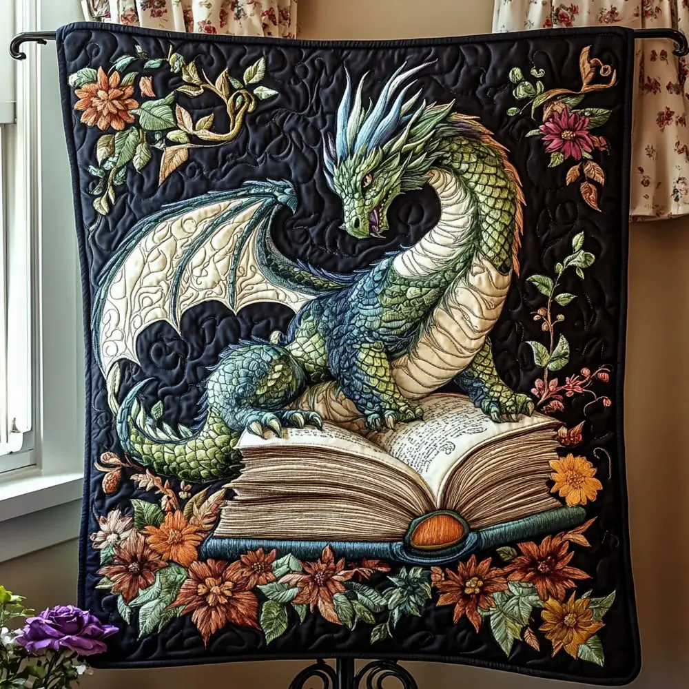 Dragon Realm Magic Books Quilted Blanket Fantasy Dragon Art Floral Throw Best Gift For Dragon Lovers