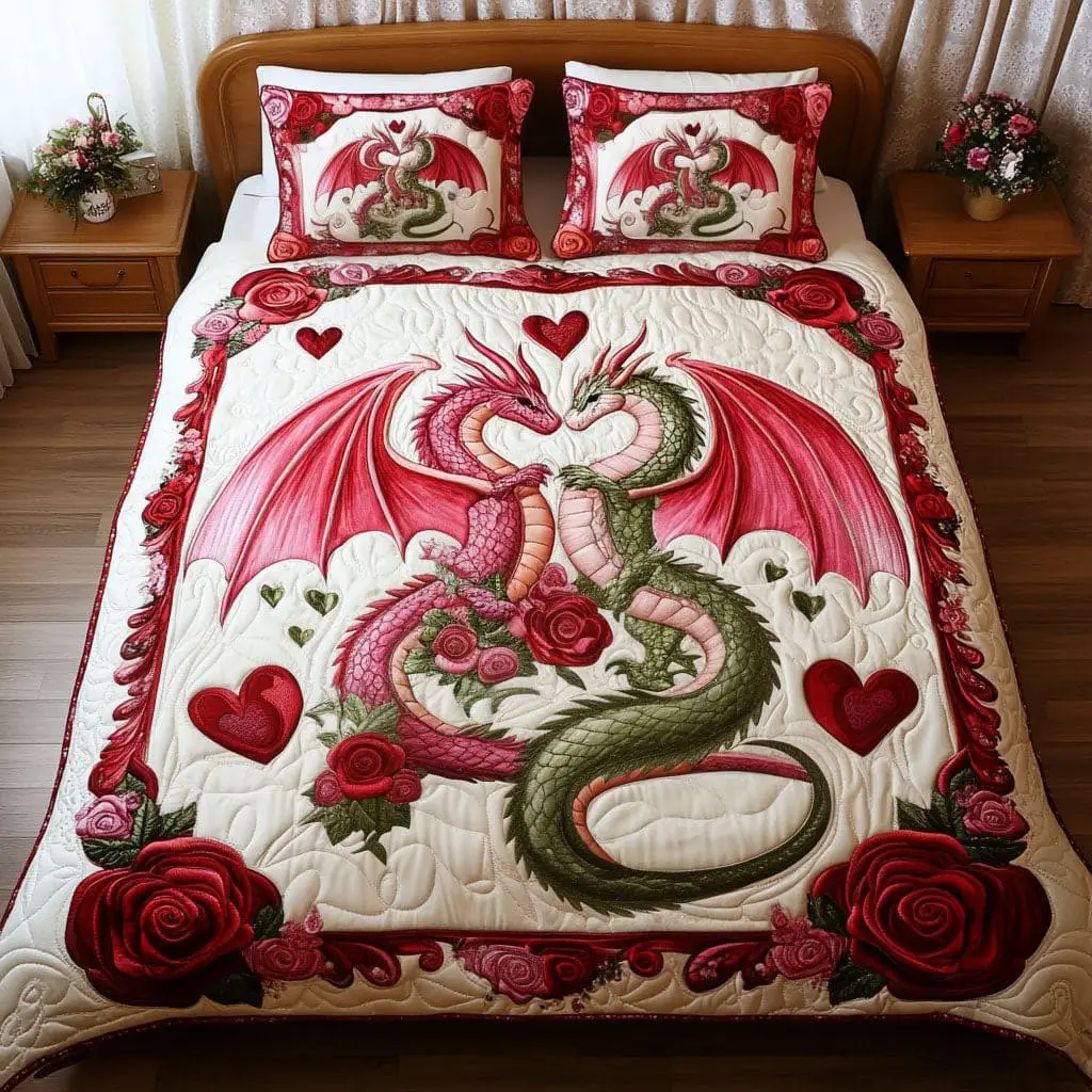 Dragon Wild Love Quilted Bedding Set Valentine Day Duvet Cover Gift For Dragon Enthusiast