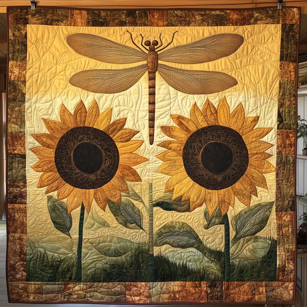 Dragonfly And Sunflowers Quilt Elegant Quilt Blanket for Relaxing Evenings