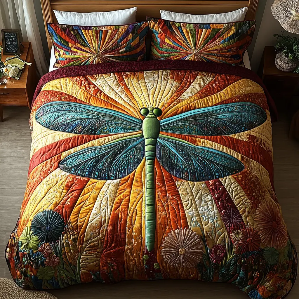 Dragonfly Fantasy Quilted Bedding Set Cute Room Decor Birthday Presents For Dragonfly Lovers