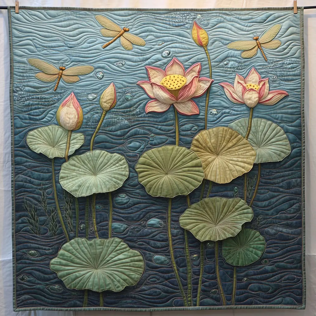 Dragonfly Flying Over Lotus Pond Quilt Unique Quilt Blanket Gift for Special Occasions Dragonfly Flying Over Lotus Pond Quilt Unique Quilt Blanket Gift for Special Occasions - Image 1