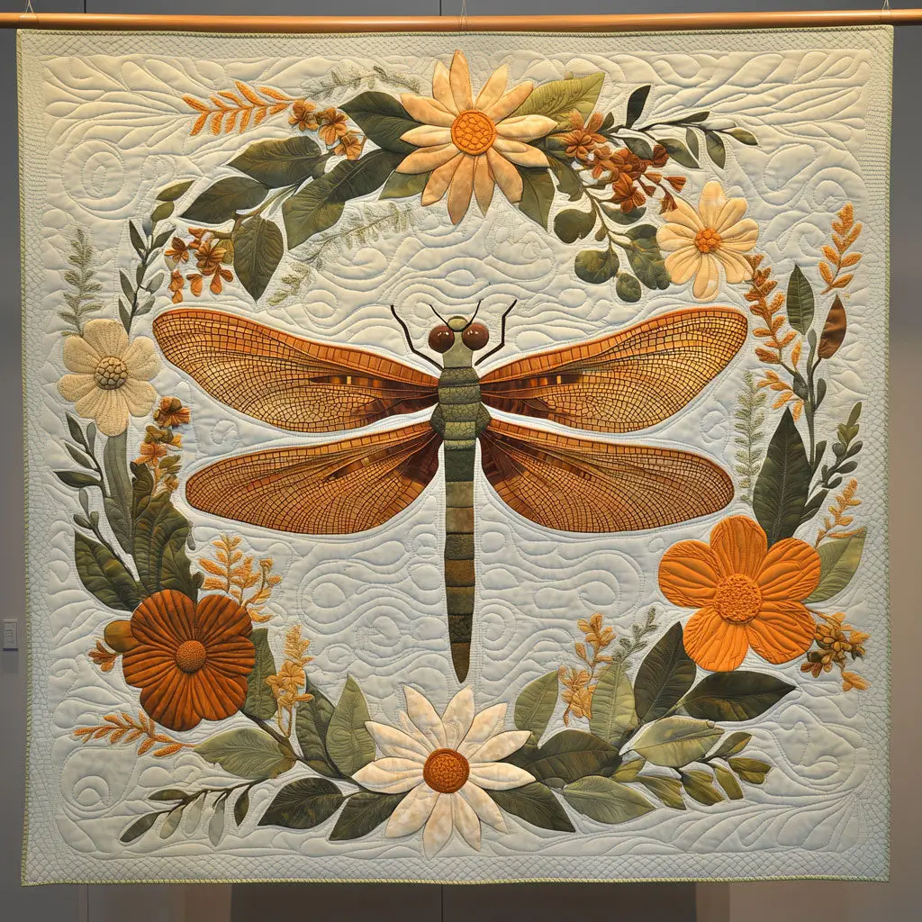 Dragonfly In Flower Circle Quilt Home Essential Gift Cozy Quilt Blanket