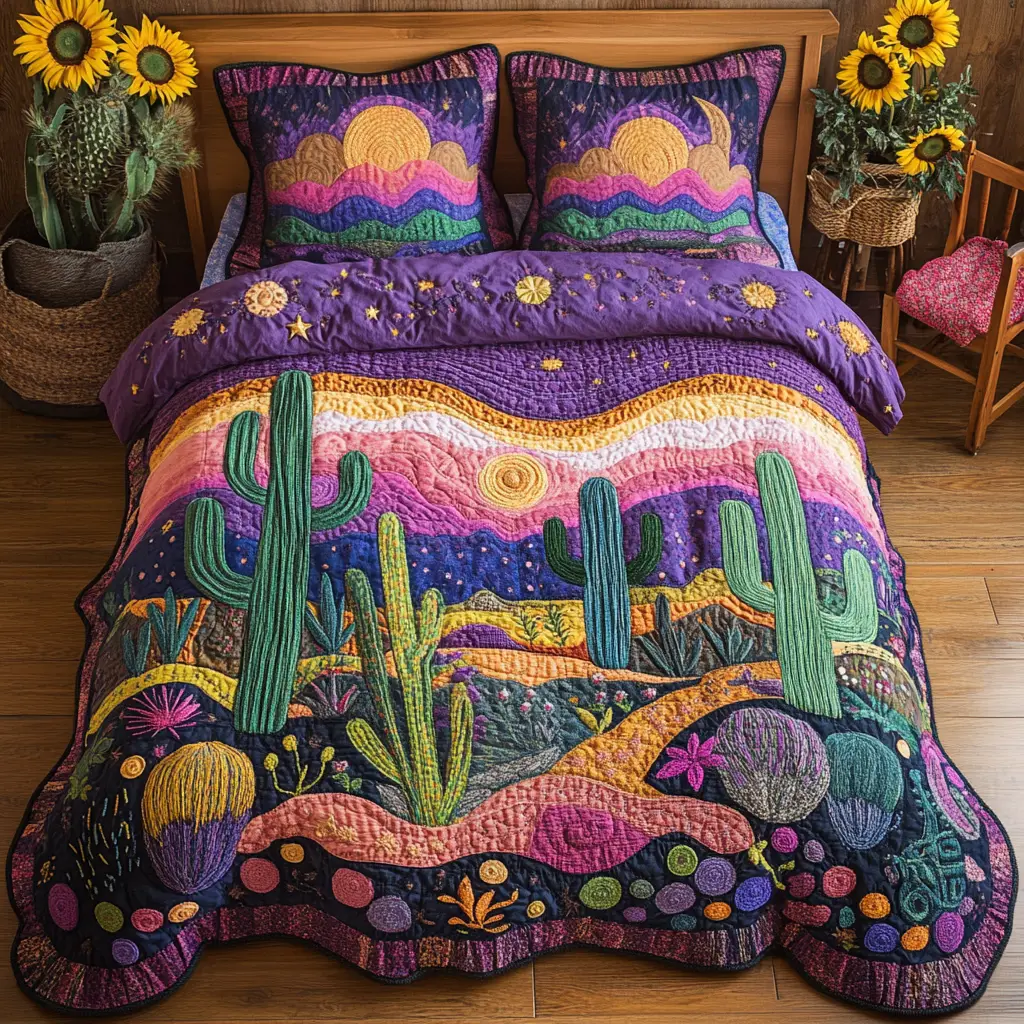 Dreamy Saguaro Quilted Bedding Set Bed Room Decoration Great Cactus Themed Gifts