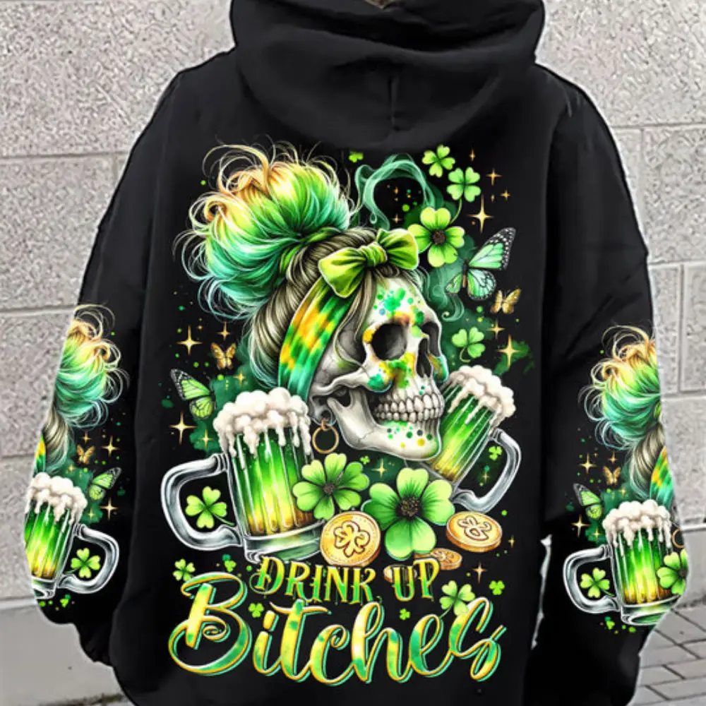 Drink Up B Messy Bun Skull Patrick_S Day Hoodie Best Mother's Day Hoodie Gifts For Wife