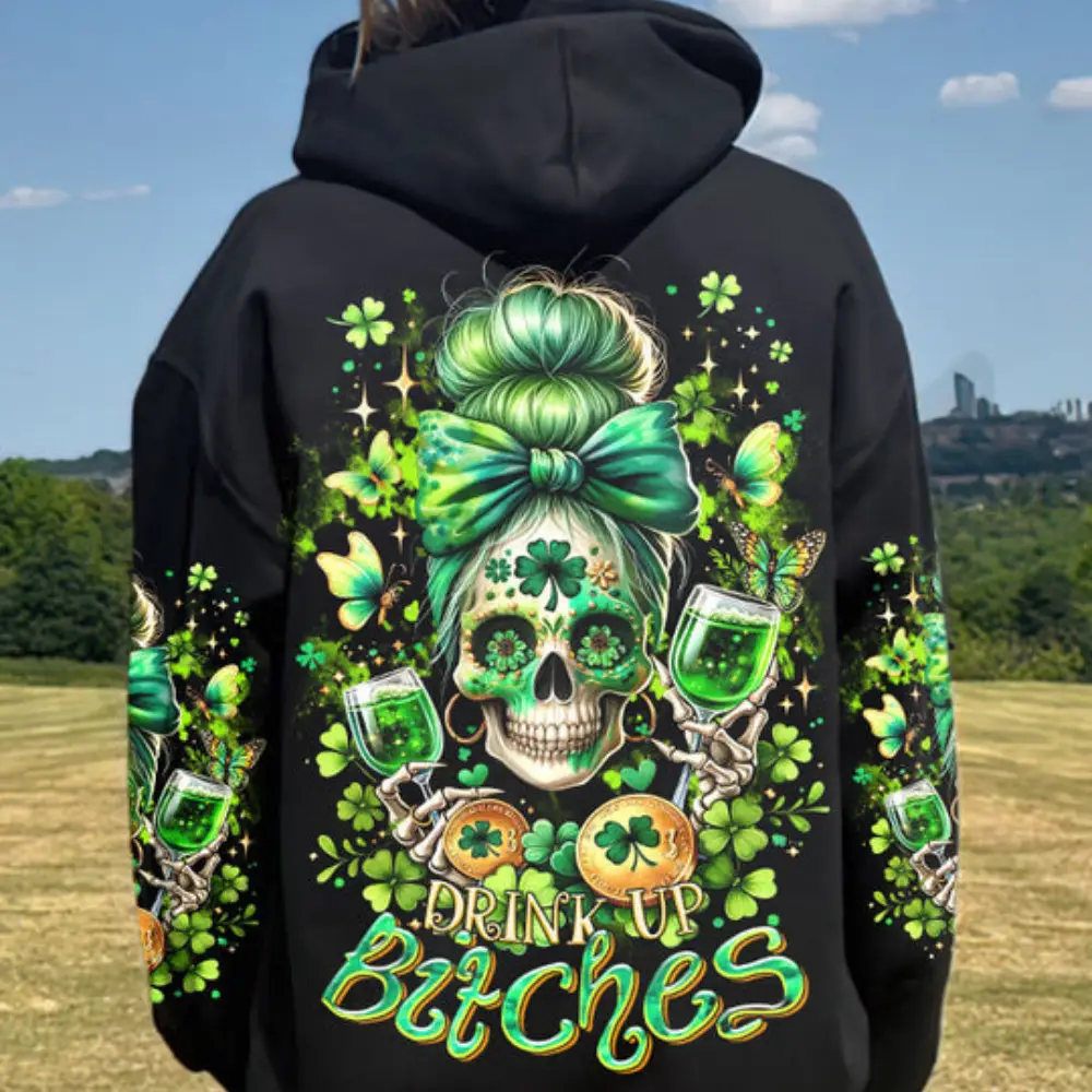 Drink Up B Messy Bun Skull Patrick's Day Hoodie Best Mother's Day Hoodie Ideas For Mom