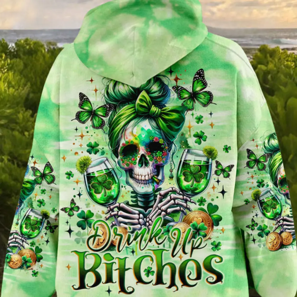 Drink Up B Messy Bun Skull Patrick's Day Hoodie Best Mother's Day Hoodie Unusual Skull Gifts