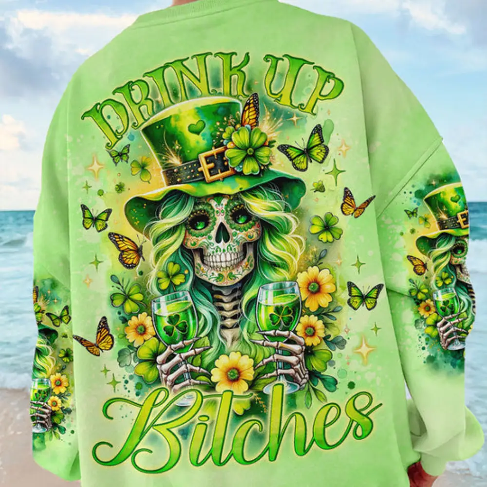 DRINK UP B SKULL LADY PATRICK'S DAY ALL OVER PRINT - TLNO12012