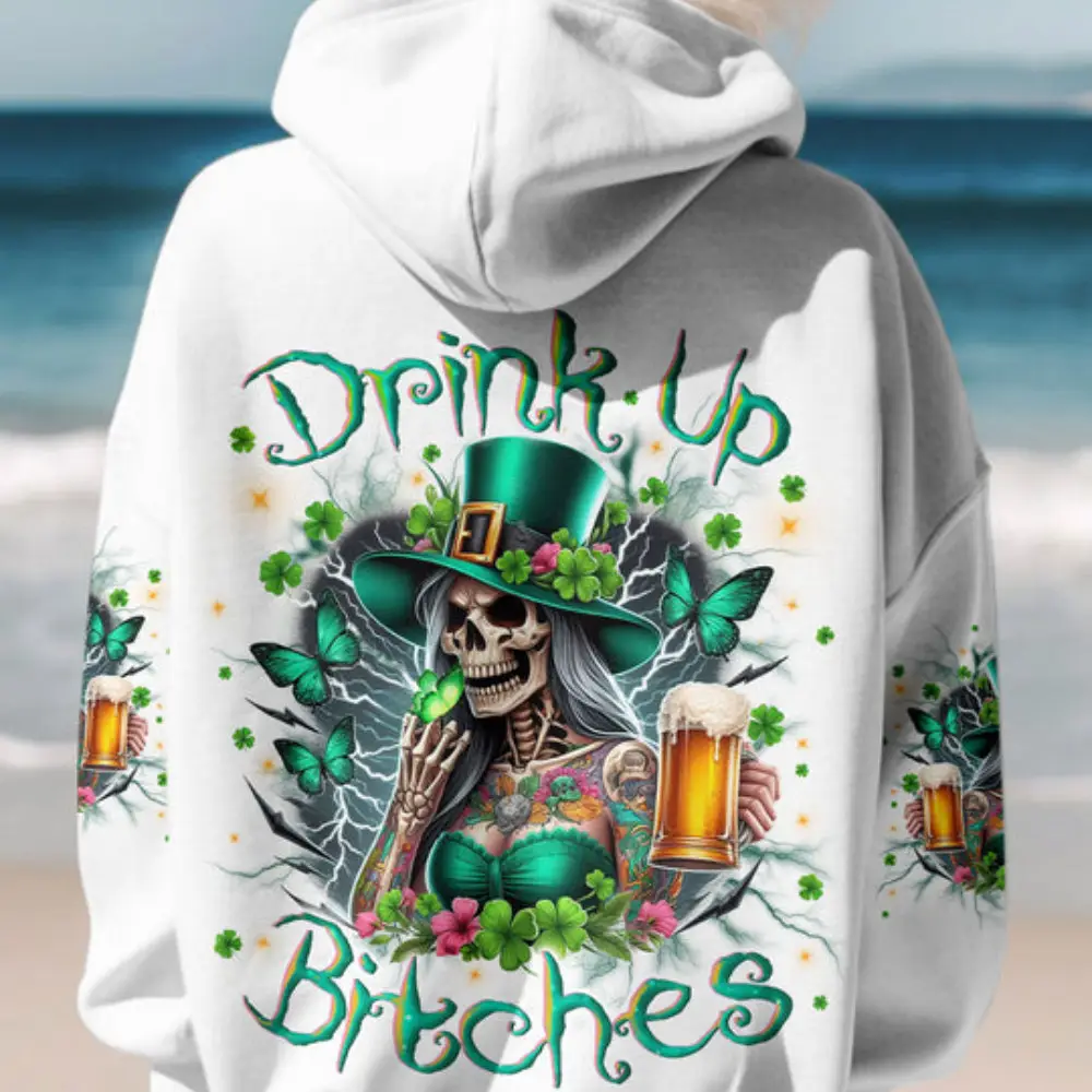 Drink Up B Skull Lady Patrick's Day Hoodie Best Mother's Day Hoodie Unique Skull Gifts For Him