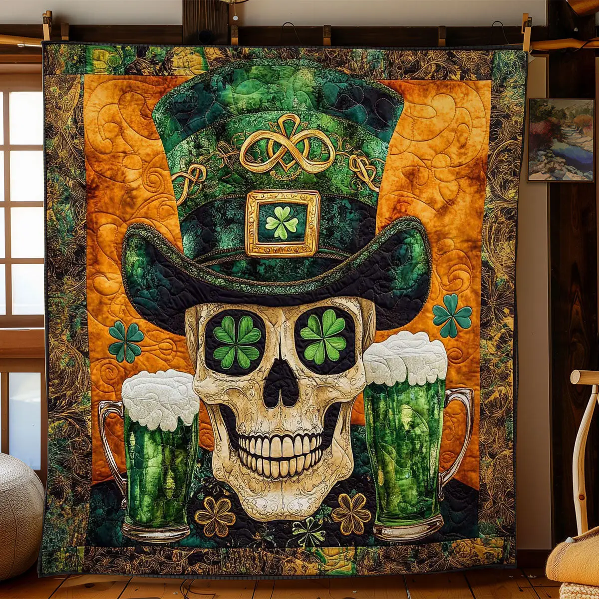 Drunken Skull Quilted Blanket Shamrock St Patrick's Day Celebration Skeleton Lover Gifts