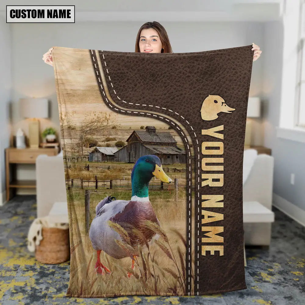 Duck Custom Name Leather Pattern Blanket Farm Animal Blanket Gift For Whole Family