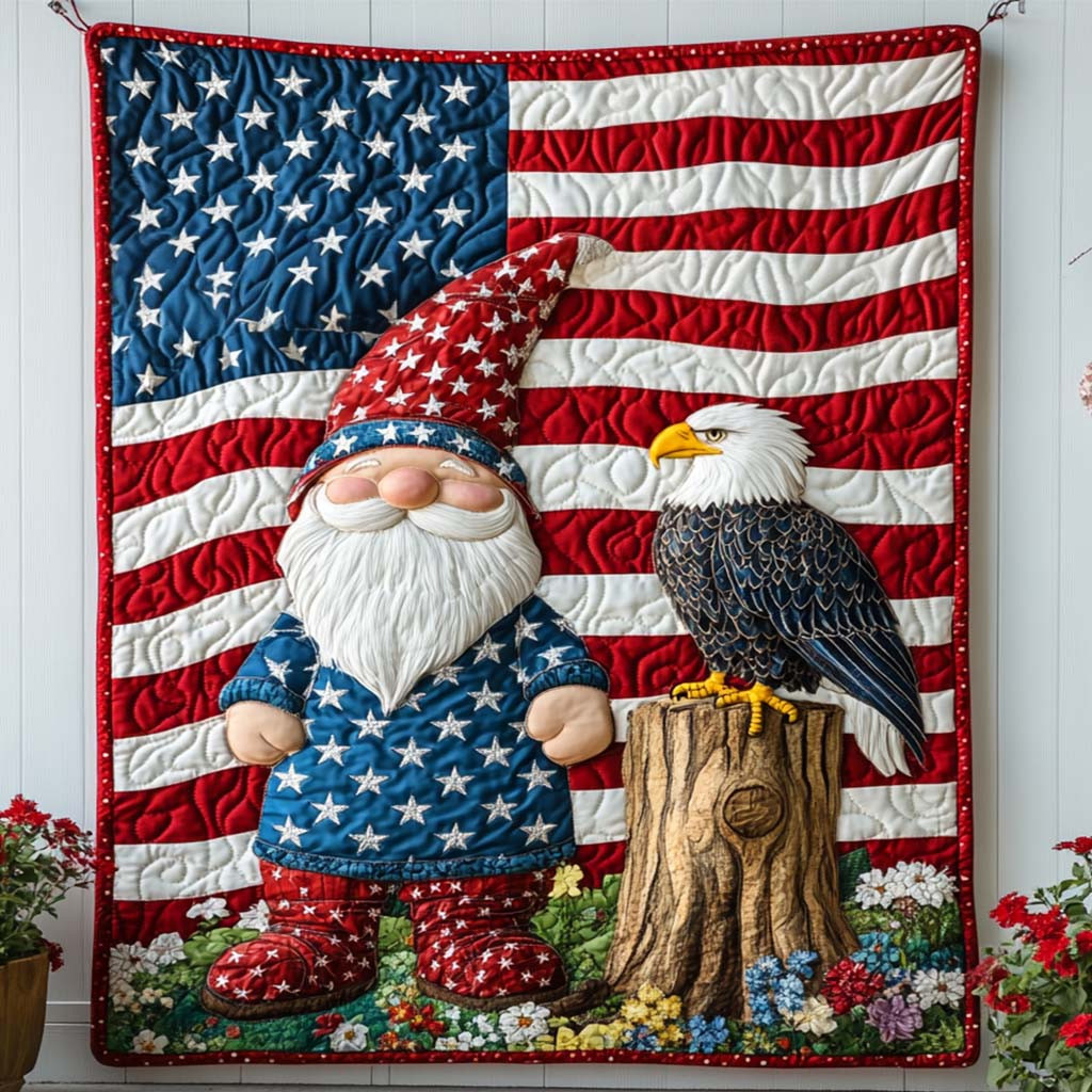 Eagle and Gnome Quilted Blanket Winter Decor Blanket Patriotic Themed Gifts Eagle and Gnome Quilted Blanket Winter Decor Blanket Patriotic Themed Gifts - Image 1